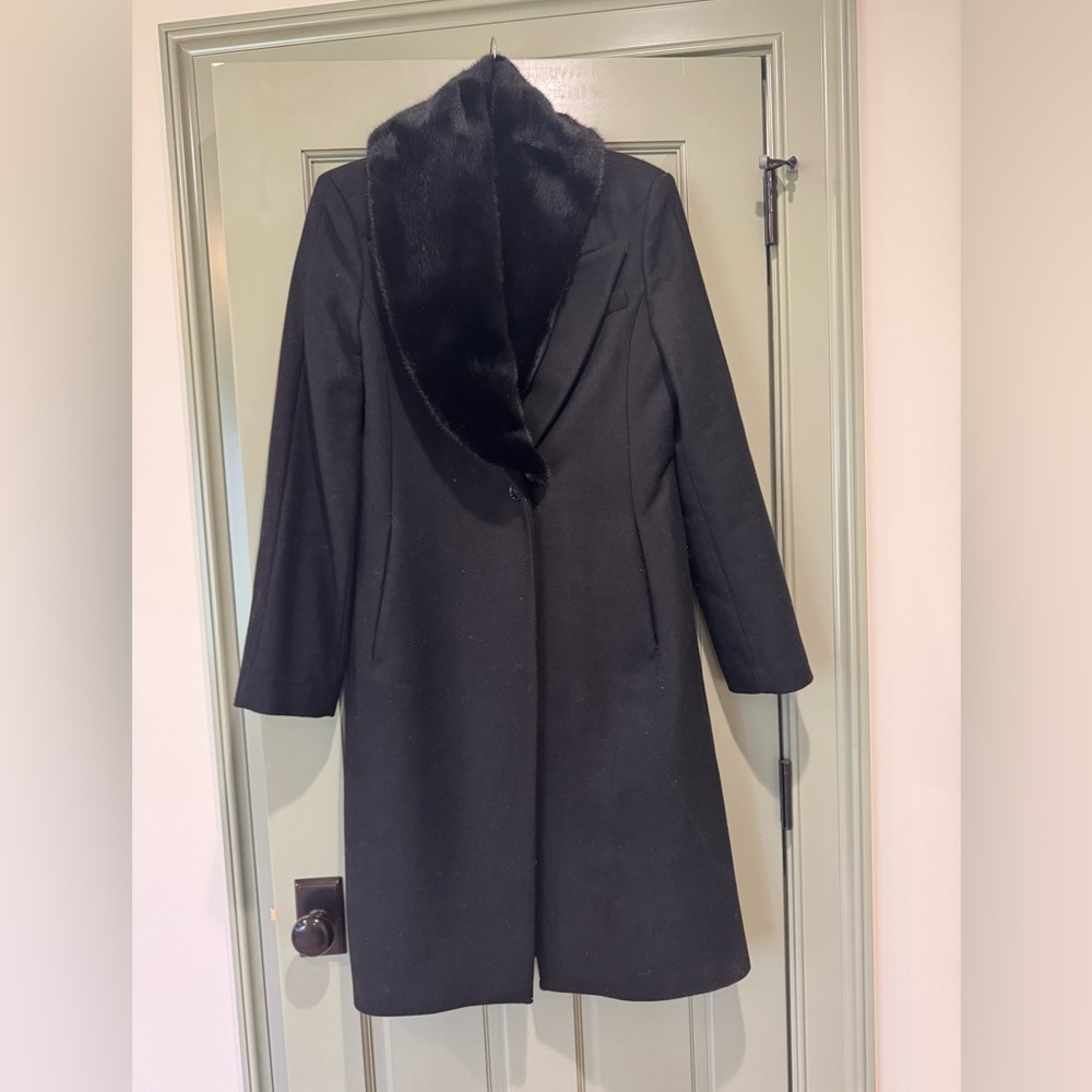 Mango Black Wool Coat with Faux Fur Collar